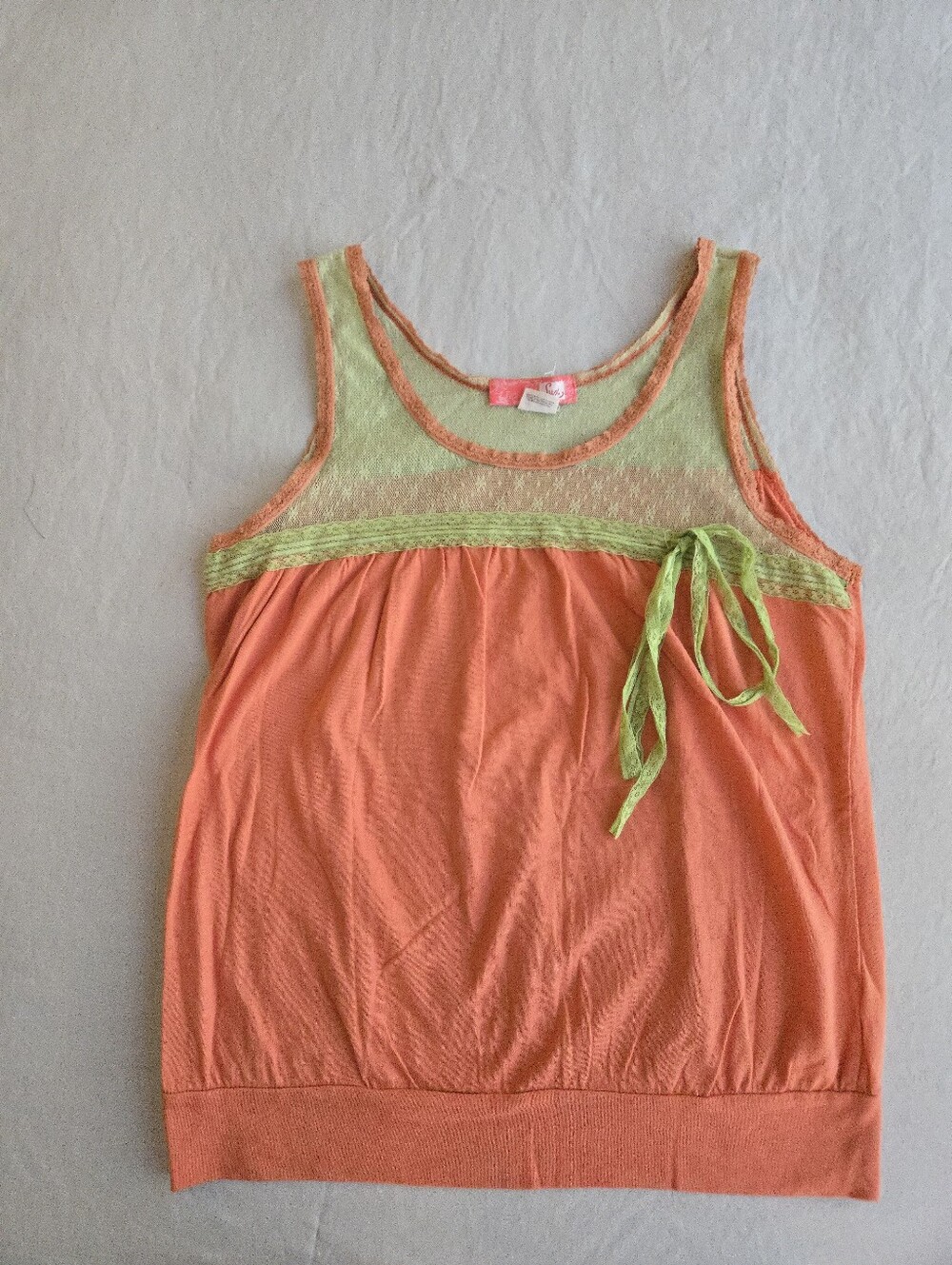 Lux Urban Outfitters y2k Coral Lime Green Lace Trim Bow Front Tank Top EB5